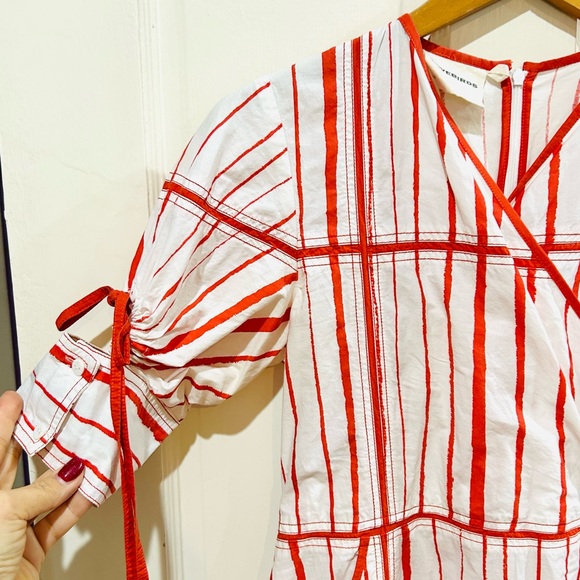 {LOVEBIRDS} Red & White Striped Designer High-Low Midi Dress - Picture 3 of 10